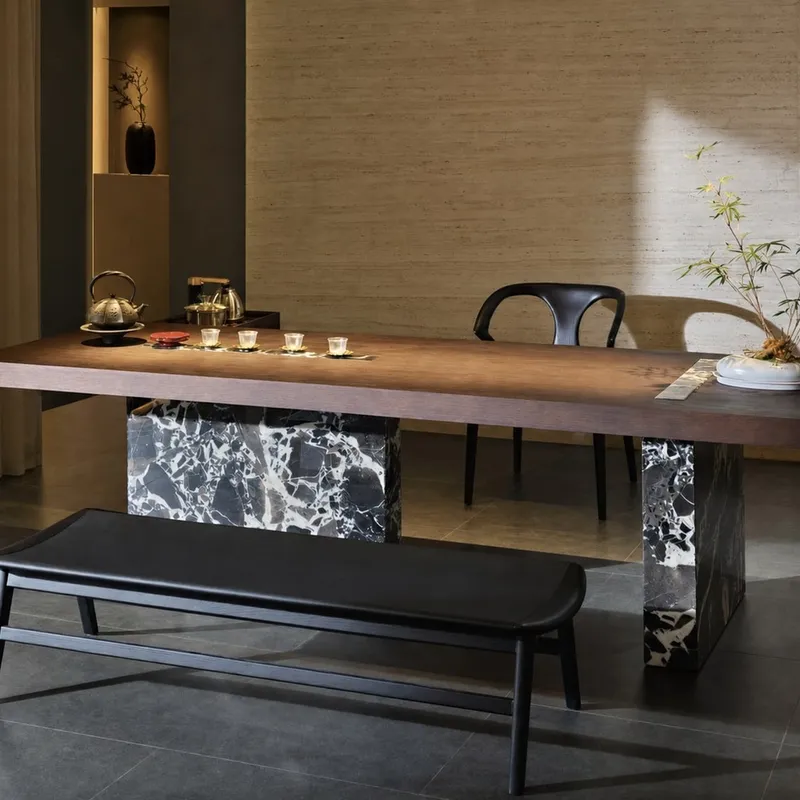 Wood-Top Marble-Base Tea Table 1800×900×720 mm