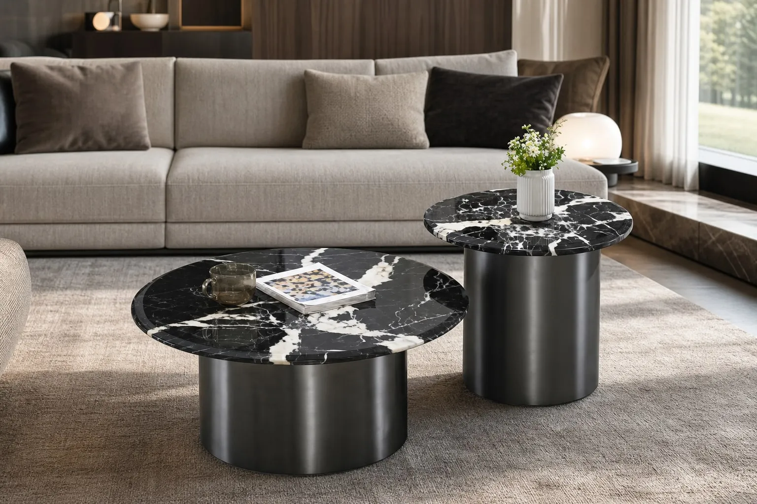 Black Marble Table Set Ø90+Ø55 cm