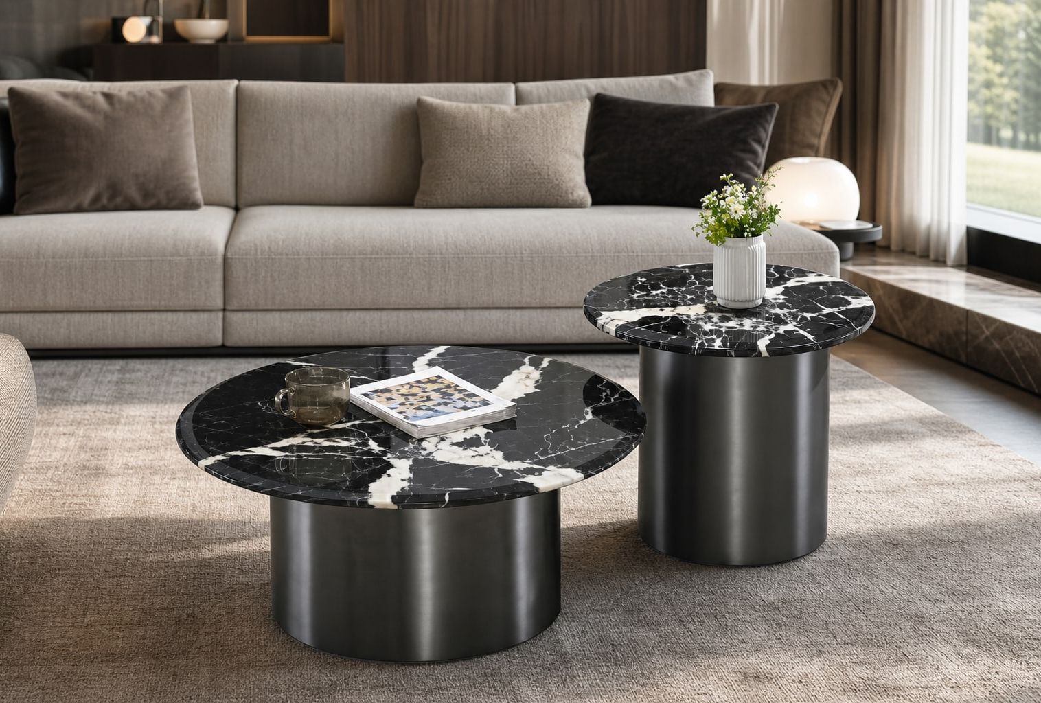 Stone-Top Coffee Table 茶几φ80CM 边几φ55CM styled in a FADIOR HOME interior setting