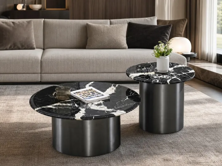 Juego de mesas de mármol negro Ø80+Ø55 cm