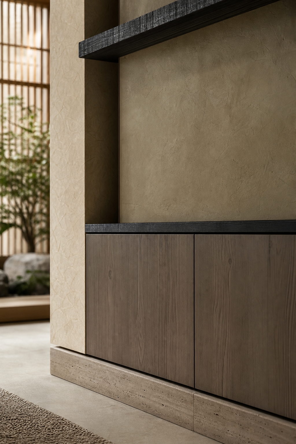 Fadior Veneto Living Room Suite with Olive Plaster Curio Console — close-up of stainless steel finish and hardware detail