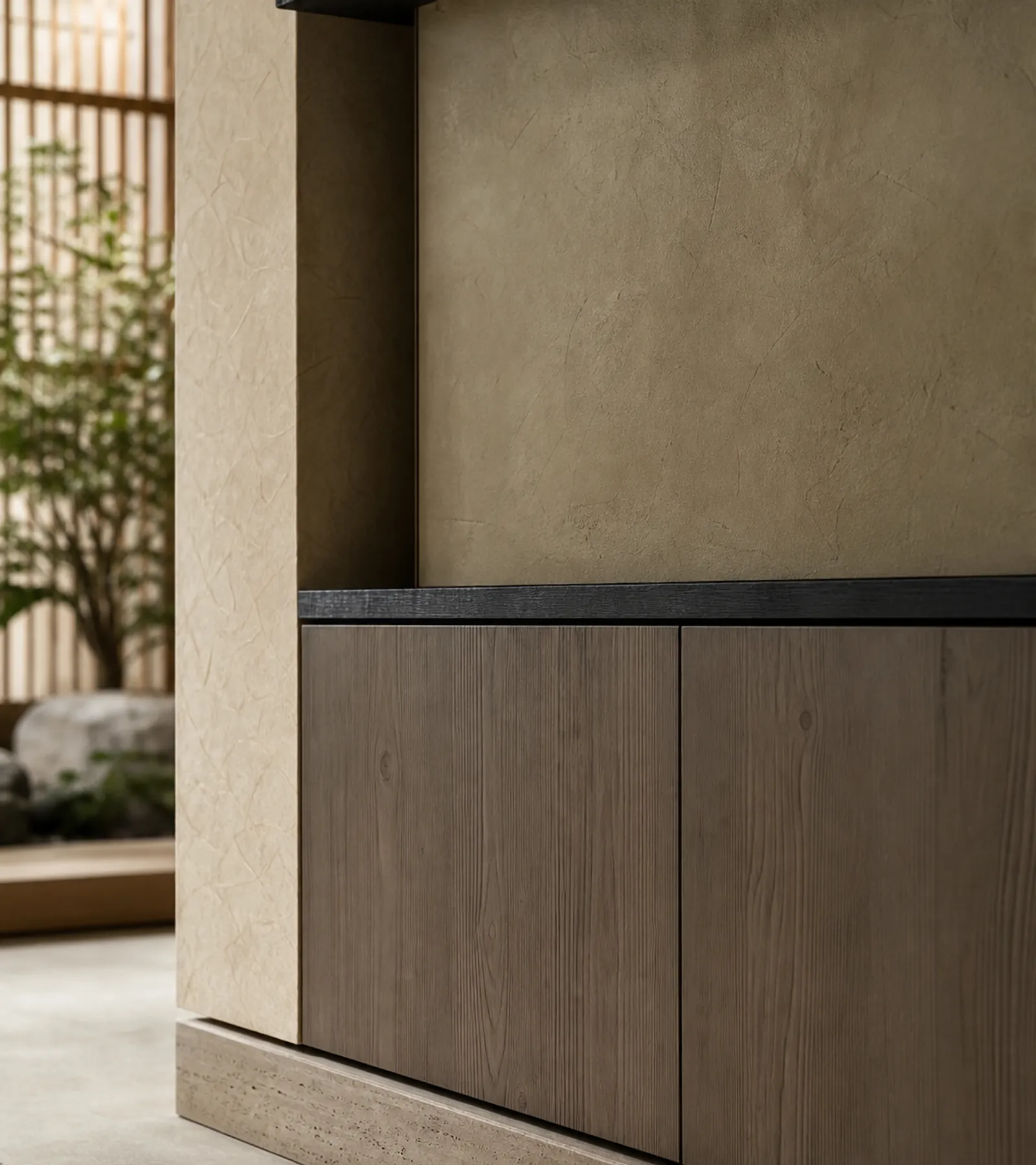 Fadior Veneto Living Room Suite with Olive Plaster Curio Console — close-up of stainless steel finish and hardware detail