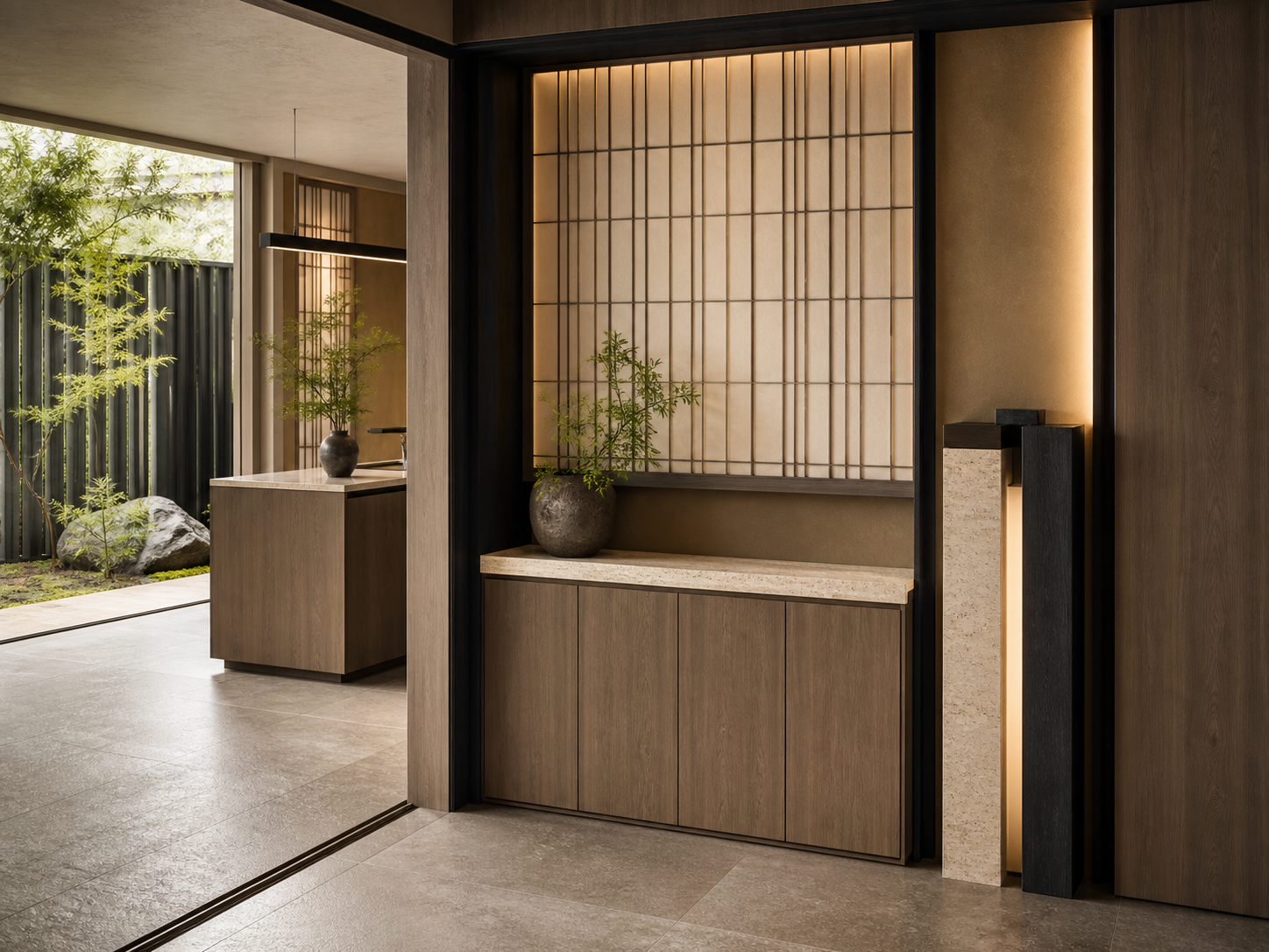 Fadior Savile Entryway Suite with Water Column Valet Console — interior room context showing cabinet integration