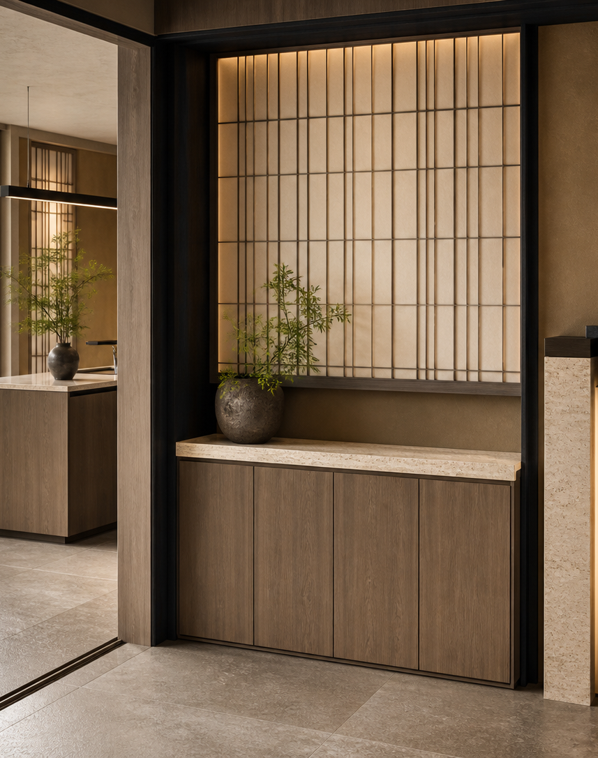 Fadior Savile Entryway Suite with Water Column Valet Console — interior room context showing cabinet integration