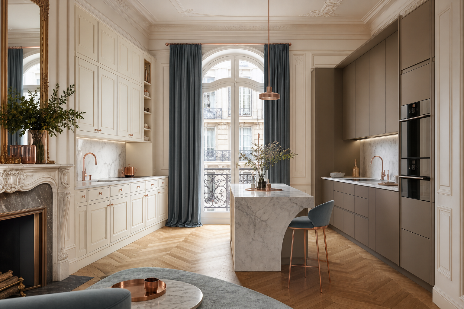 Balanced kitchen decision scene comparing cabinet color refresh and long-term replacement planning.