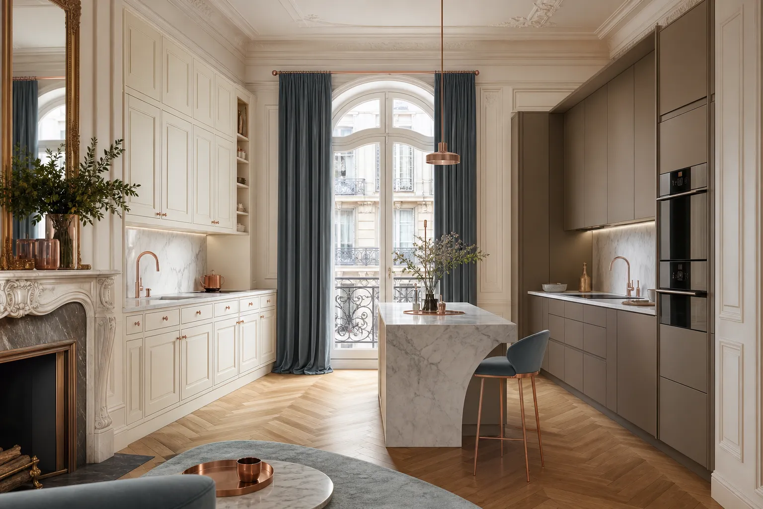 Balanced kitchen decision scene comparing cabinet color refresh and long-term replacement planning.