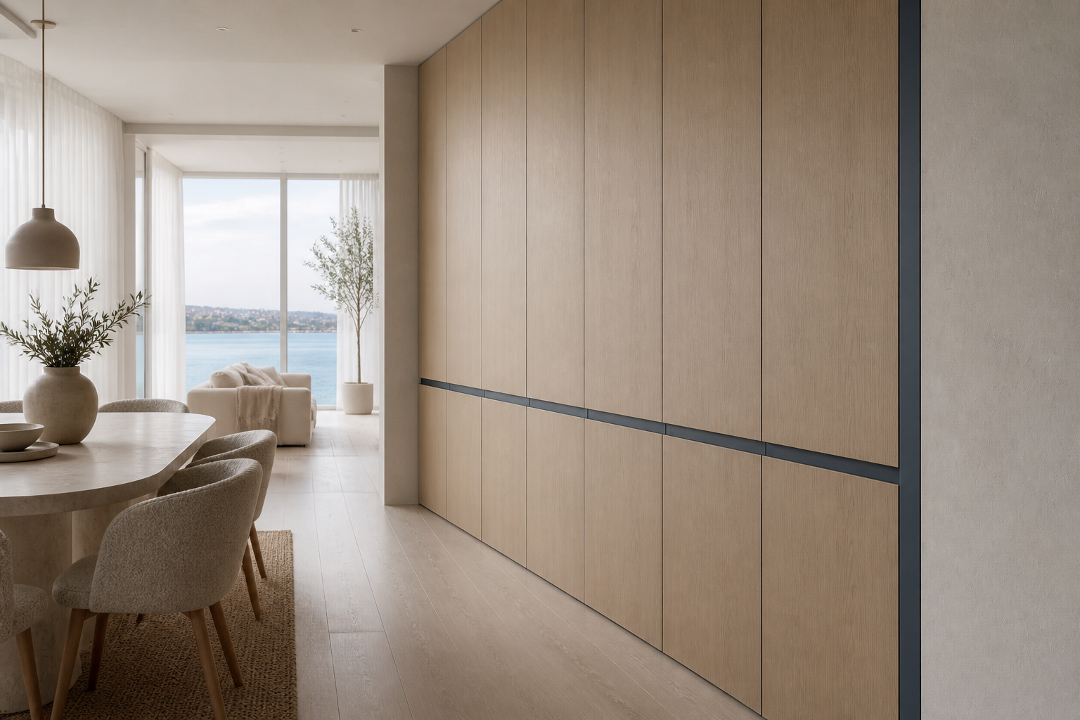 Fadior Terrazzo Wall Panel Suite with Slate Blue Reveal Panels — interior room context showing cabinet integration