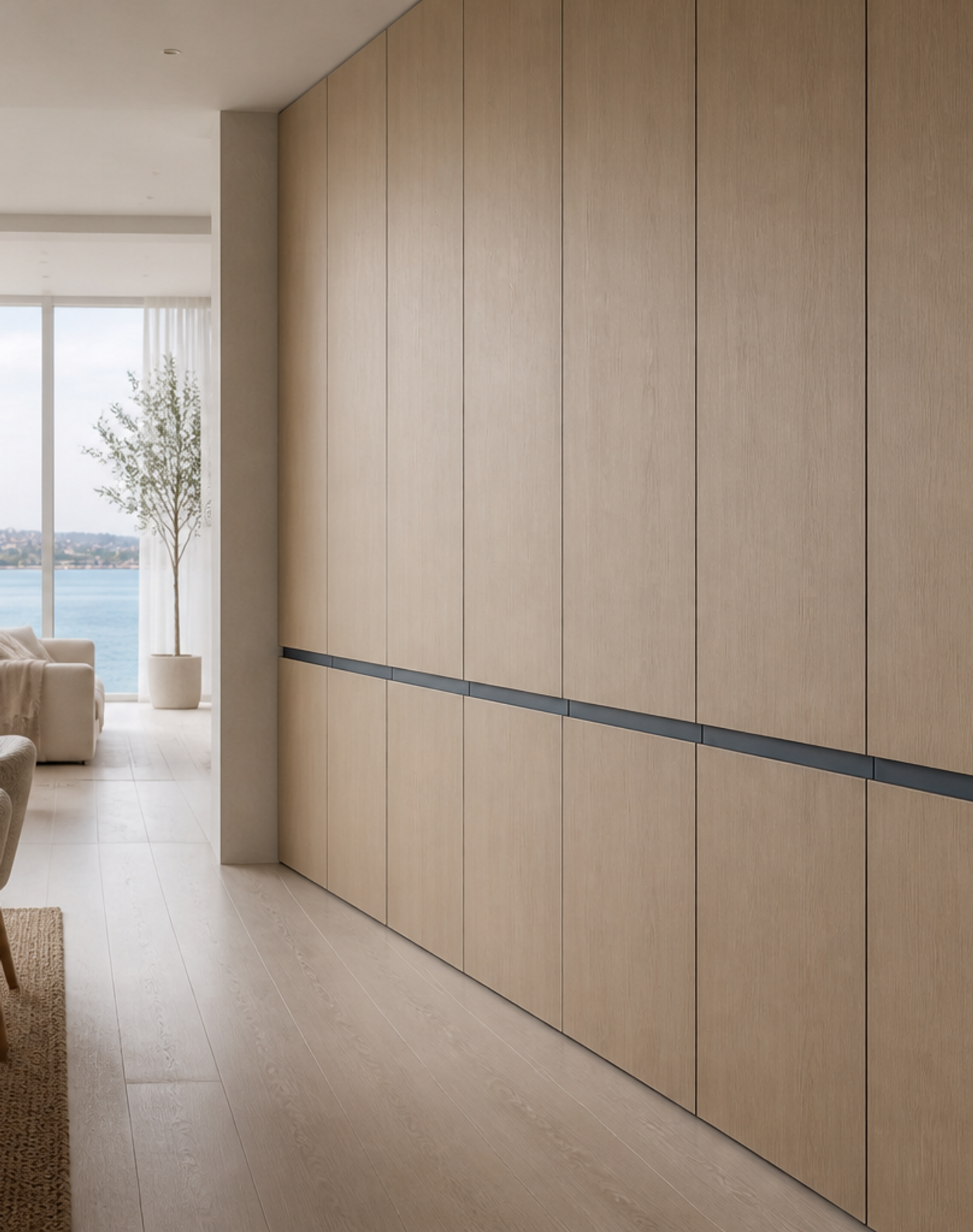 Fadior Terrazzo Wall Panel Suite with Slate Blue Reveal Panels — interior room context showing cabinet integration