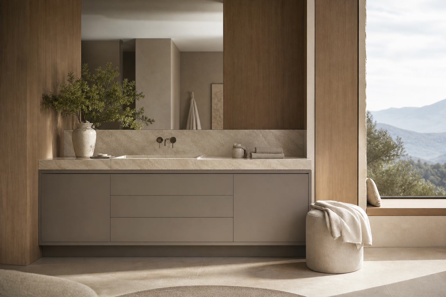 Fadior Solstice Bath and Vanity Suite with Quartzite Steam Basin Console — lifestyle setting with natural light and