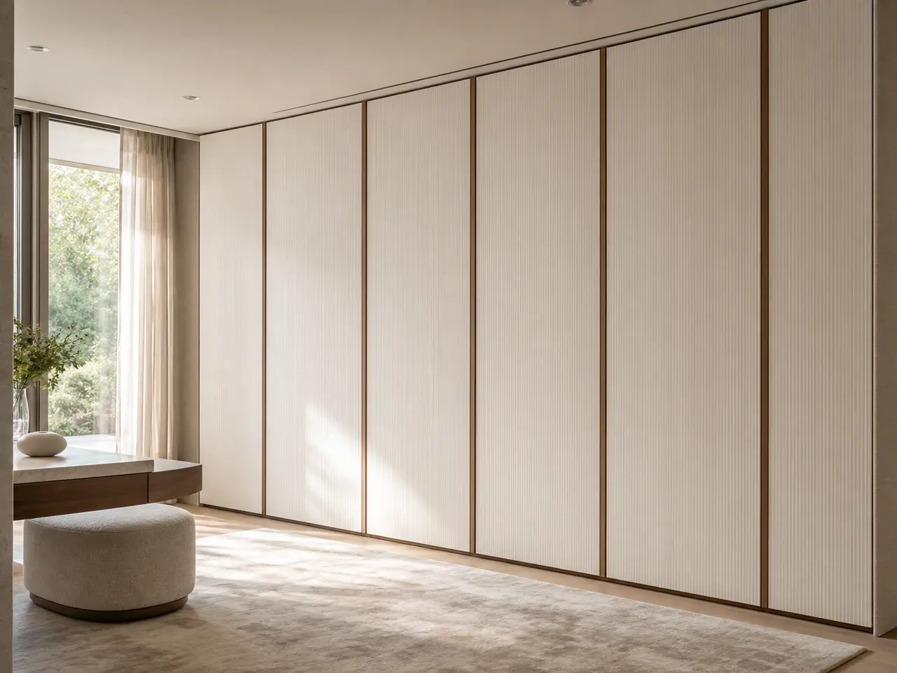 Fadior Voyage Wardrobe Suite with Pearl Ribbed Dressing Bay - custom 304 stainless steel wardrobe or walk-in closet with lighting, hanging, drawer storage, and residential finishes