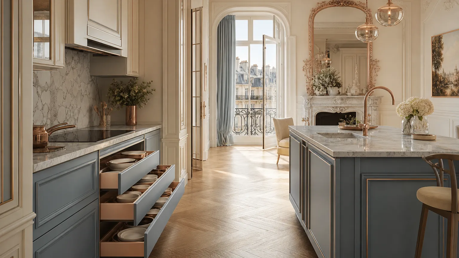 Paris apartment kitchen with open cabinet drawers prepared with neutral shelf liners.