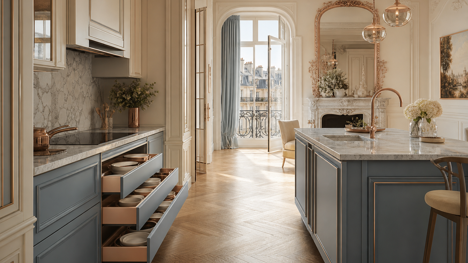 Paris apartment kitchen with open cabinet drawers prepared with neutral shelf liners.