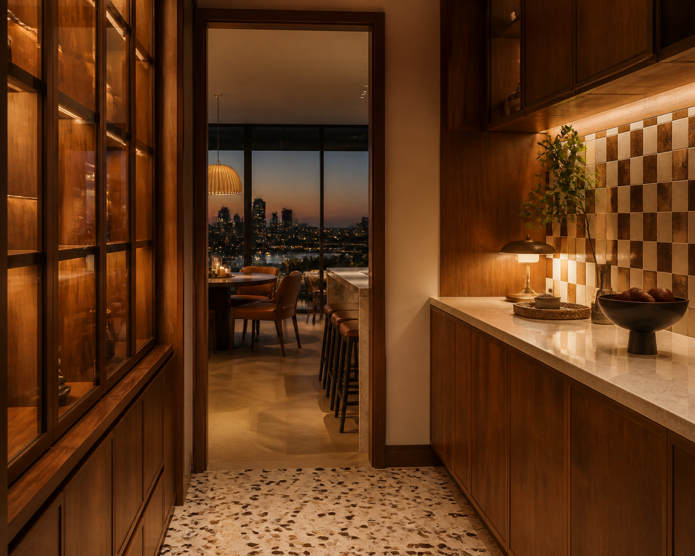 Fadior Abu Dhabi 425 sqm Kitchen Villa — tall pantry cabinets, counter, checkerboard tile wall, terrazzo floor,