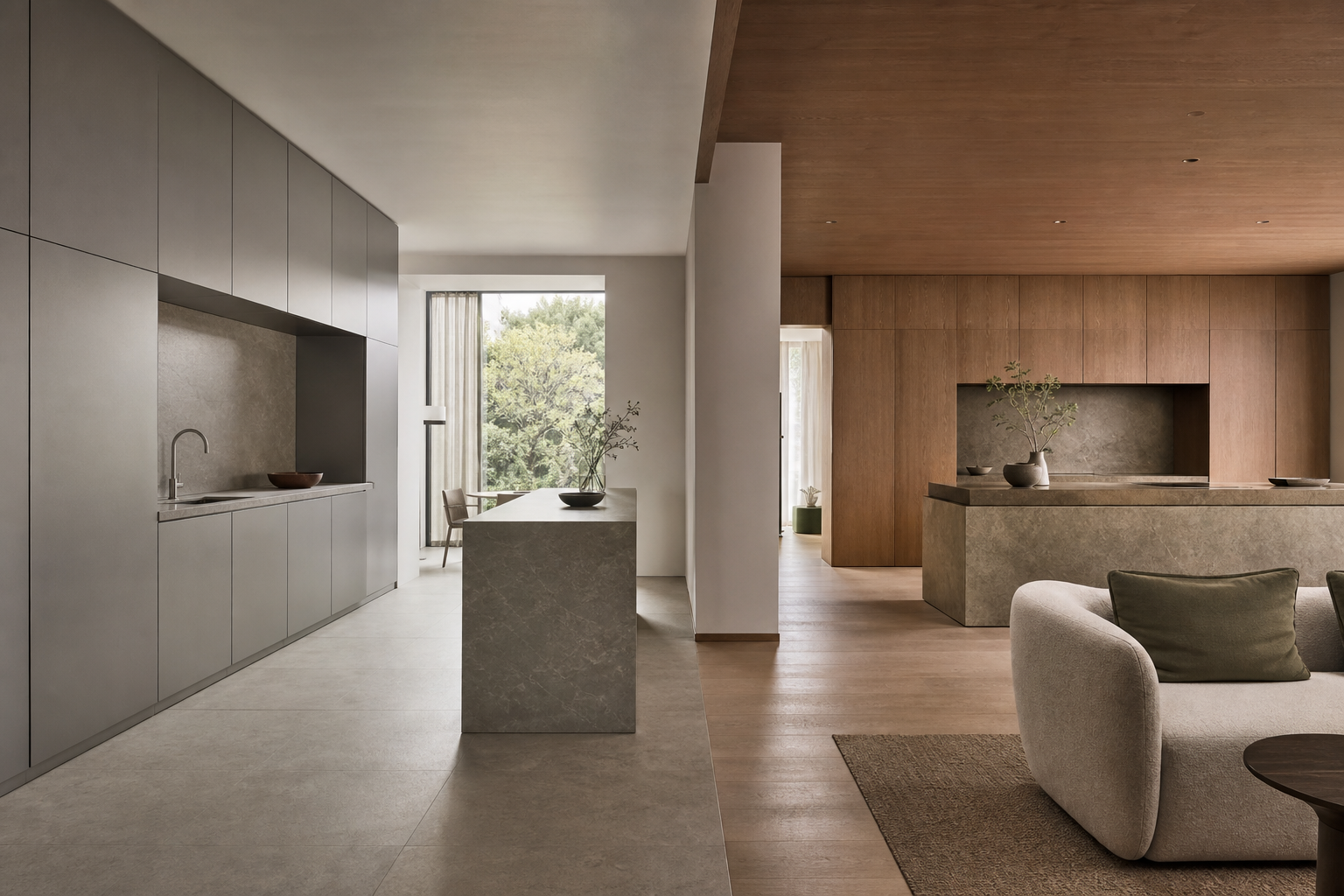 Decision comparison scene: a calm kitchen transitions from disciplined frameless order to a warmer furniture-like expression.