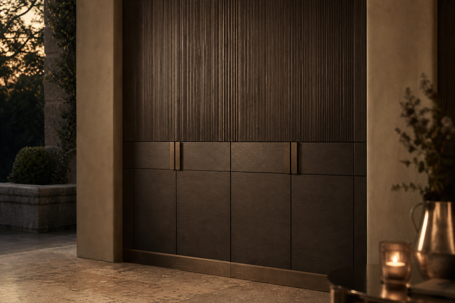 Fadior Gloria Wine Cabinet Suite with Pearl Ribbed Tasting Wall — close-up of stainless steel finish and hardware detail