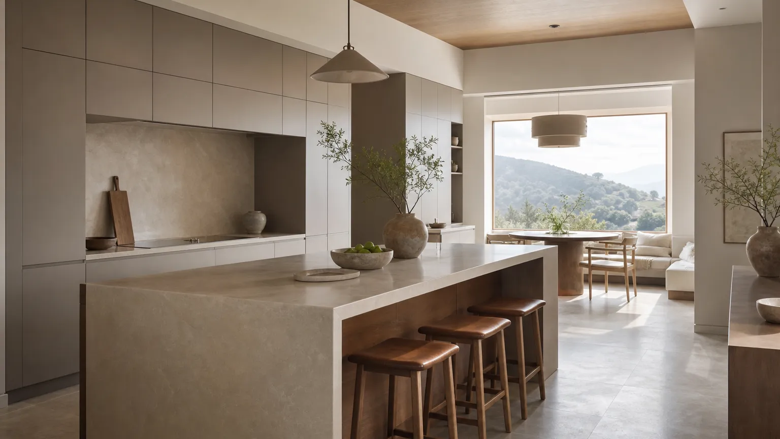 Quiet villa custom kitchen with warm grey cabinetry, island, breakfast nook, and soft morning light.
