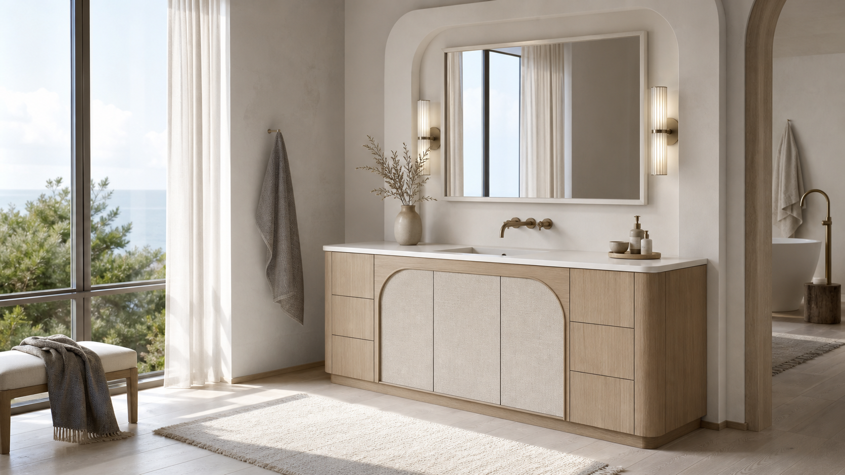 Fadior Ethereal Bath and Vanity Suite with Arched Linen Wash Console — lifestyle setting with natural light and residential