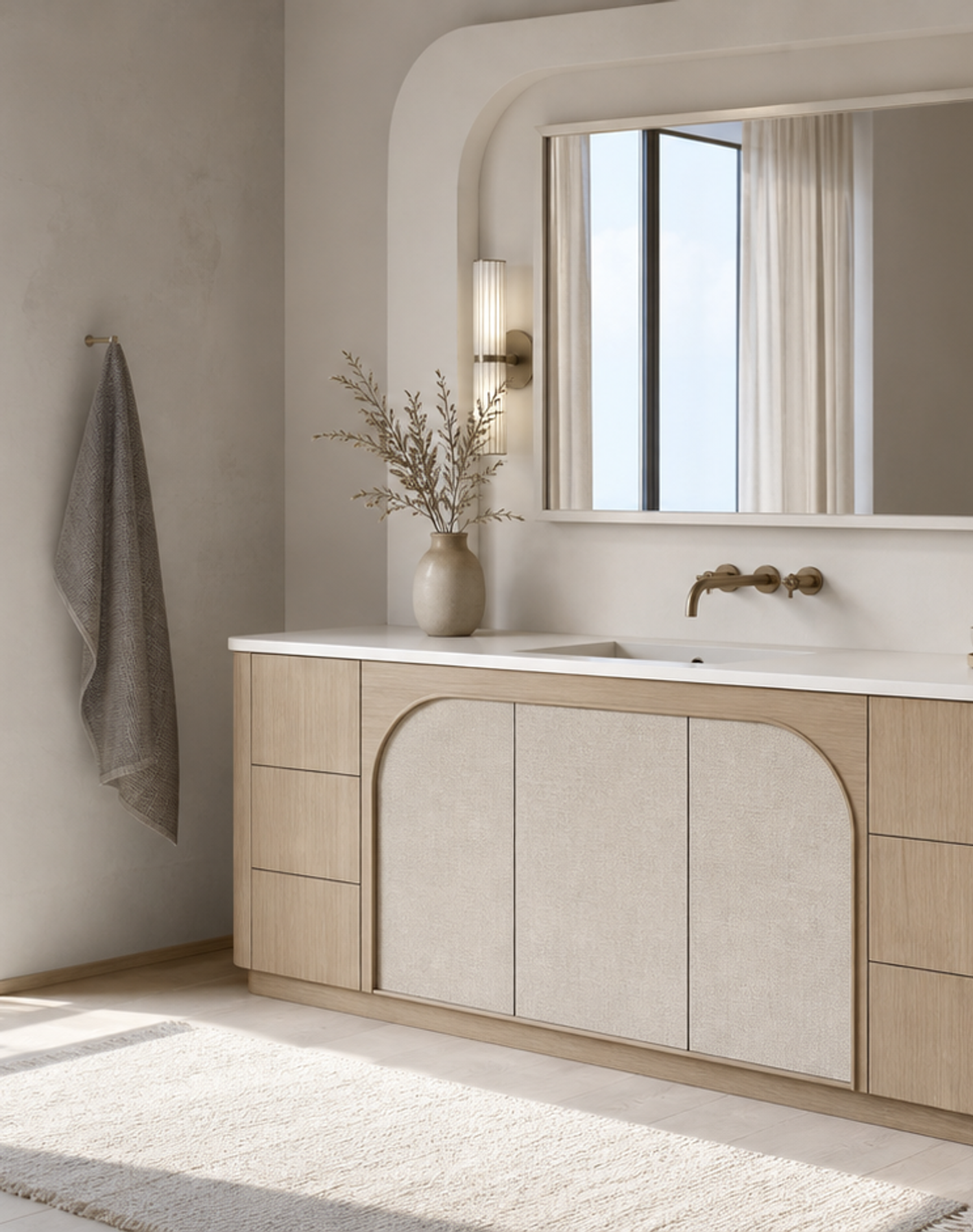 Fadior Ethereal Bath and Vanity Suite with Arched Linen Wash Console — lifestyle setting with natural light and residential