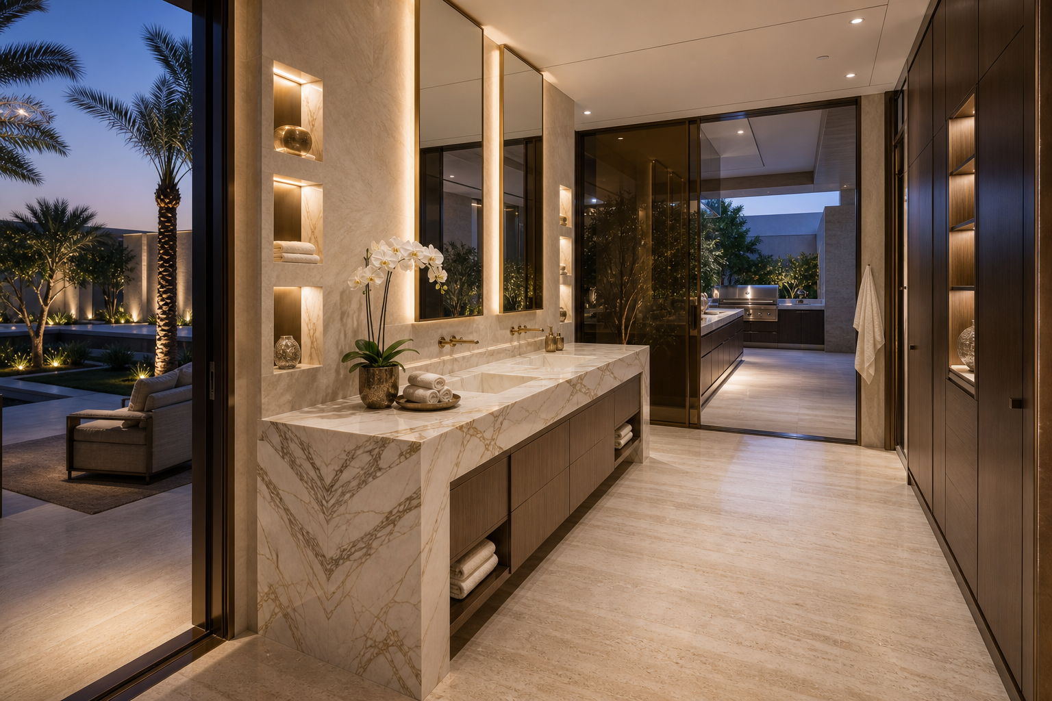 Fadior Doha Garden Courtyard Villa — marble vanity, walnut storage, travertine floor, tinted glass, courtyard door