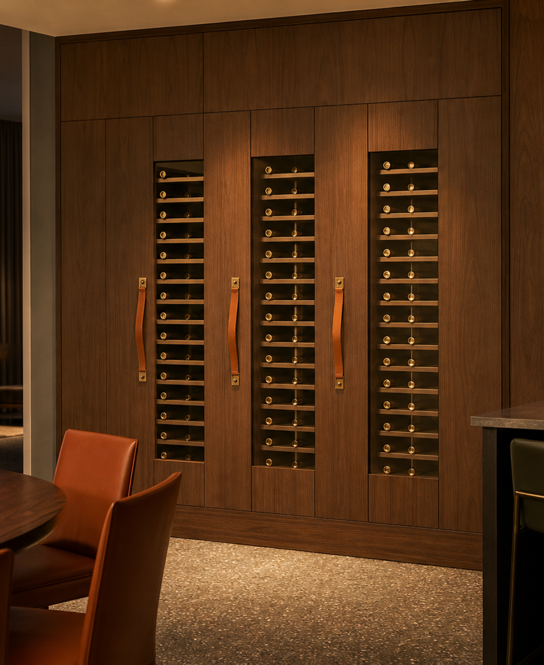 Fadior Gloria Wine Cabinet Suite with Quiet Brass Bottle Spine — 304 stainless steel wine cabinet system, front view