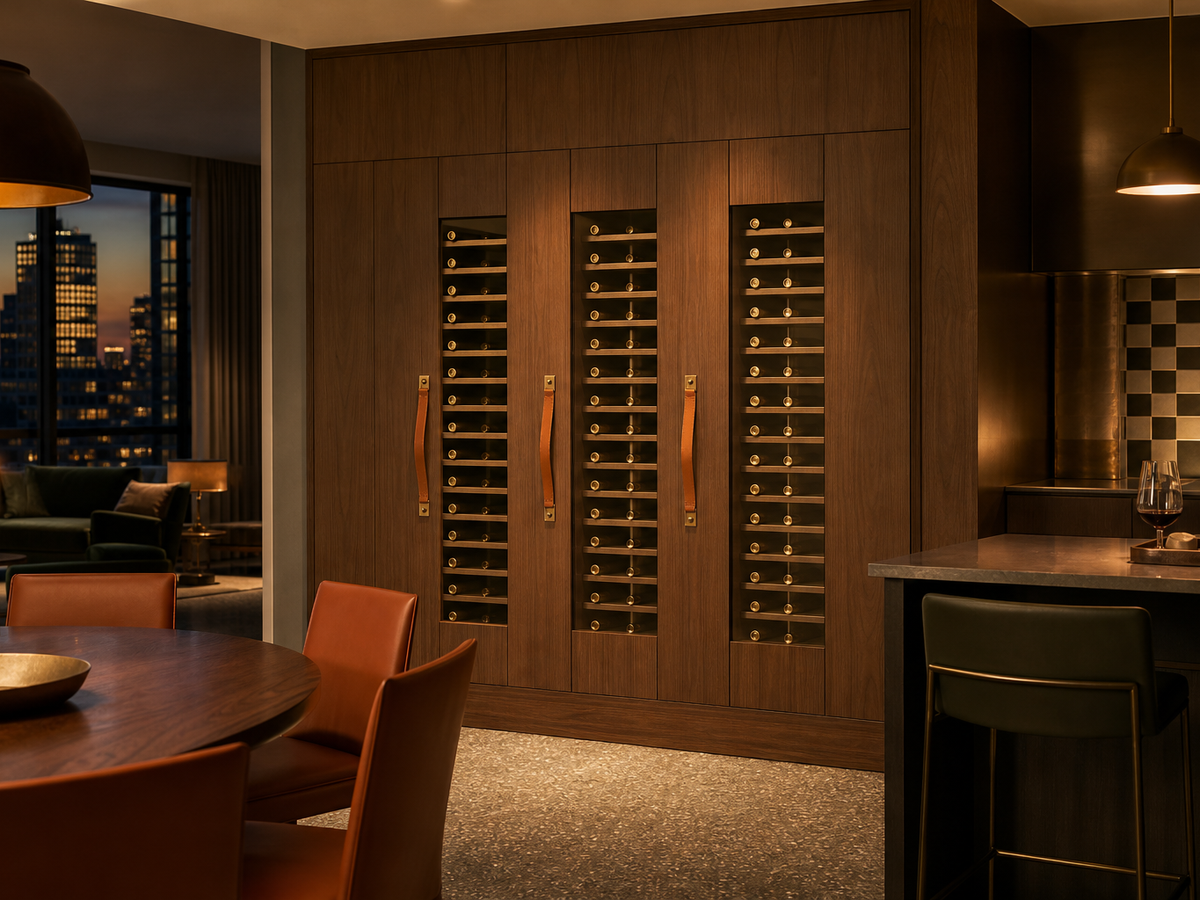 Fadior Gloria Wine Cabinet Suite with Quiet Brass Bottle Spine — 304 stainless steel wine cabinet system, front view
