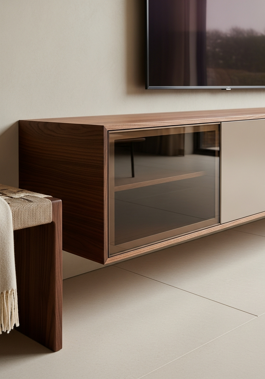 Fadior Essence Media Console — close-up of stainless steel finish and hardware detail