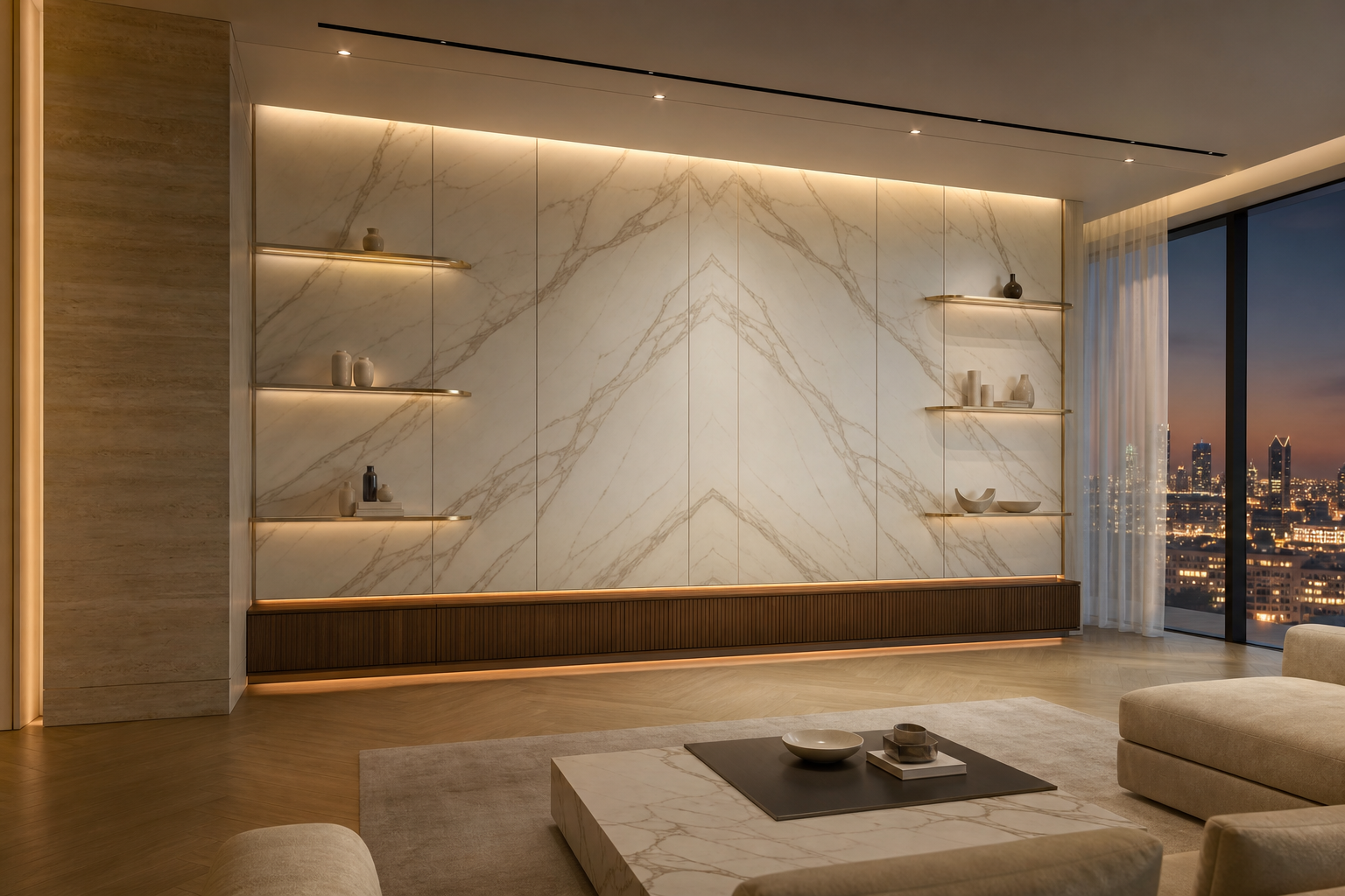 Suite de Salón Zenith con Repisa Acústica de Teak FSC