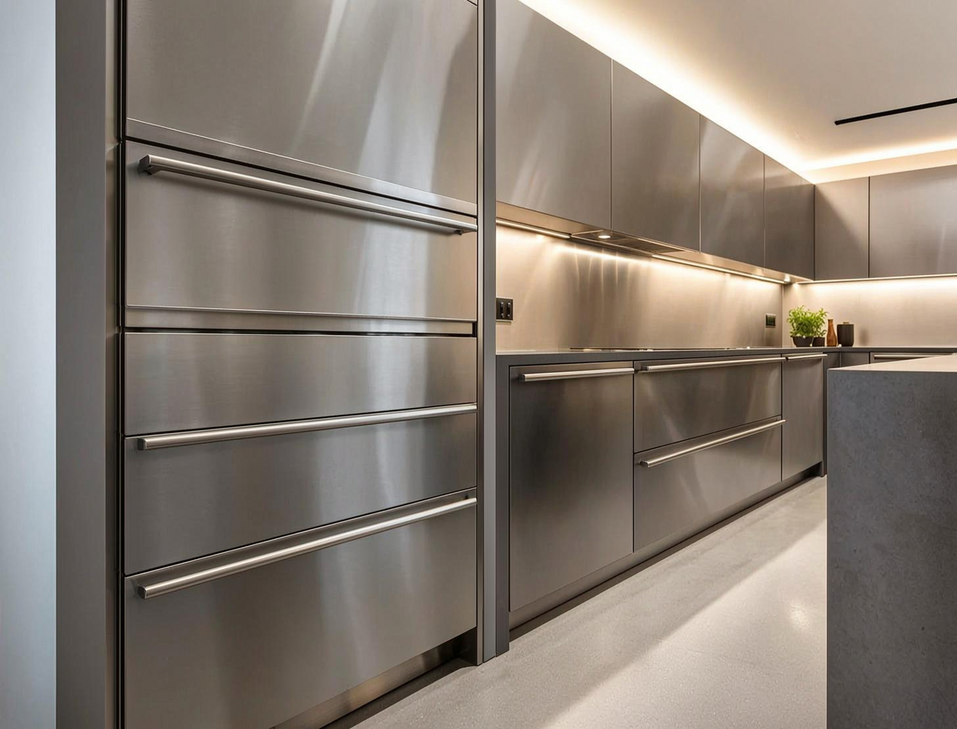 304 Stainless Steel for Residential Cabinetry applied in luxury residential cabinet doors and drawer fronts