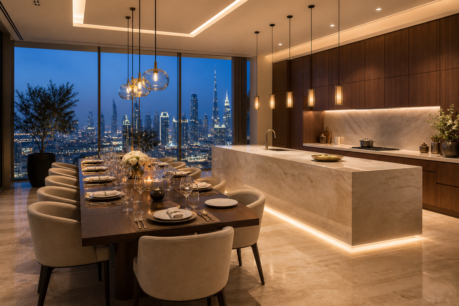 Fadior Dubai 210 sqm Kitchen Penthouse — Dubai Kitchen Penthouse — dining table, chairs, island, marble, window
