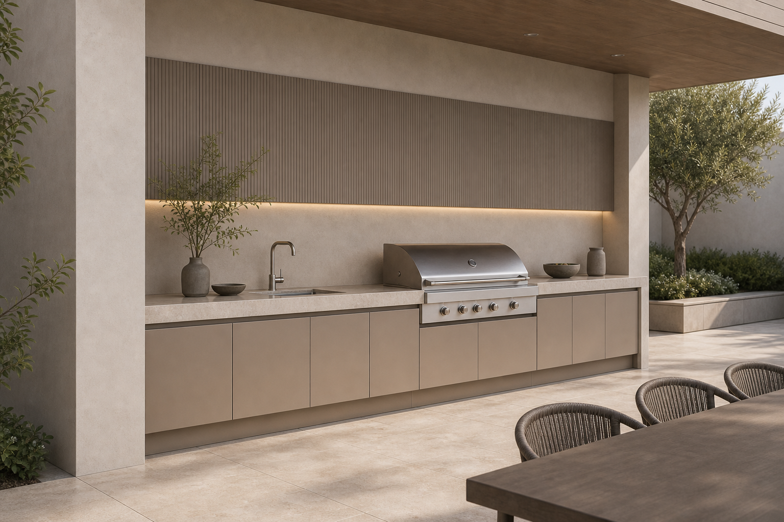 Fadior Vantage Outdoor Kitchen Suite with Courtyard Grill Spine — interior room context showing cabinet integration