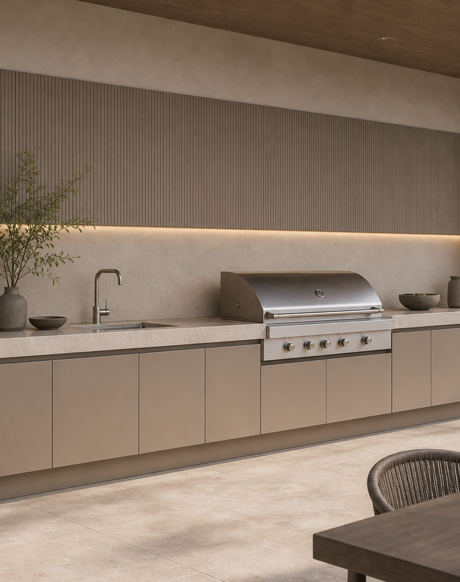 Fadior Vantage Outdoor Kitchen Suite with Courtyard Grill Spine — interior room context showing cabinet integration