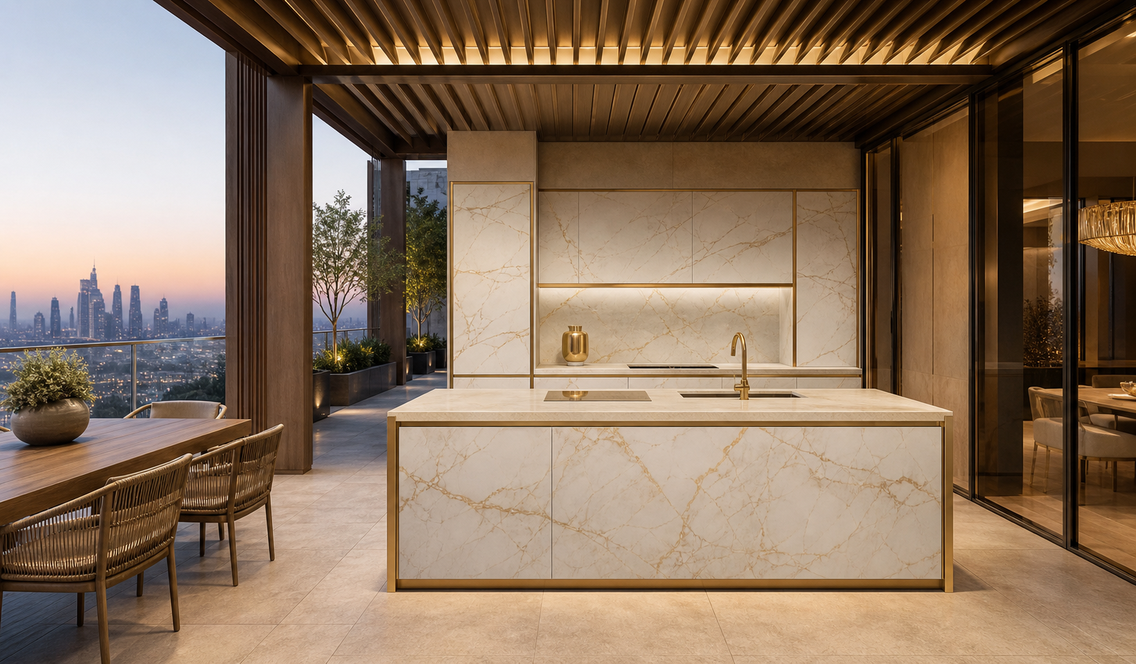 Fadior Vantage Outdoor Kitchen Suite with Pergola Service Hearth — interior room context showing cabinet integration