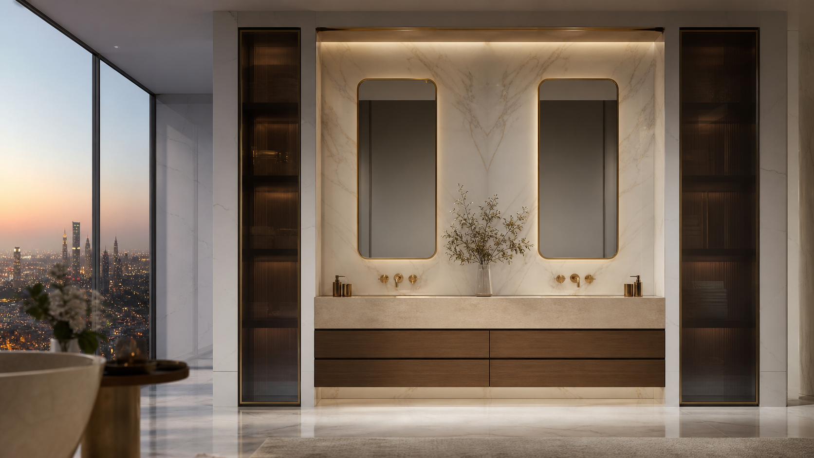 Fadior Nacre Bath and Vanity Suite with Limestone Double Basin Alcove — lifestyle setting with natural light and residential