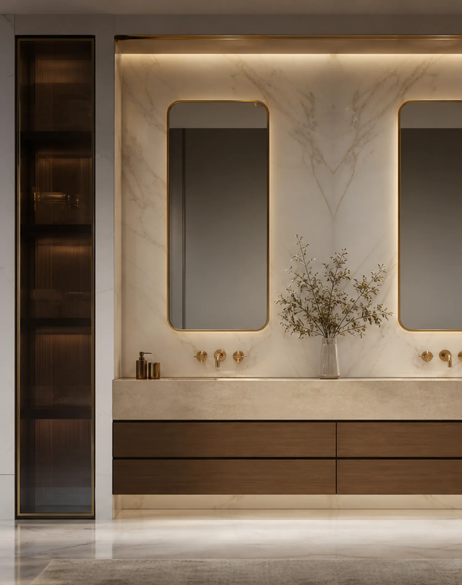 Suite de Baño y Tocador Nacre con Doble Lavabo en Hornacina de Piedra Caliza estudio de adaptación