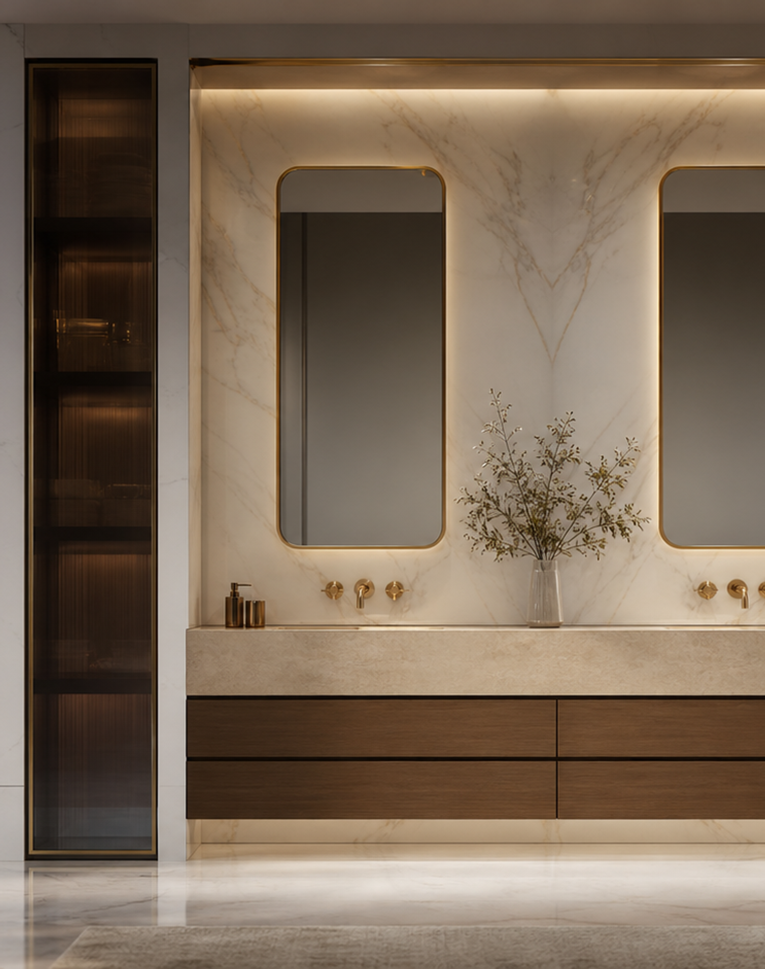 Fadior Nacre Bath and Vanity Suite with Limestone Double Basin Alcove — lifestyle setting with natural light and residential