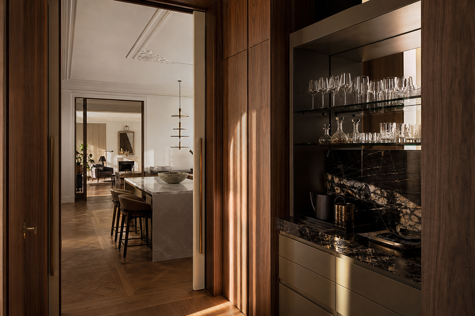 Fadior Milan 120 sqm Kitchen Penthouse — Pantry bar with walnut cabinet, glass shelf, stone counter, parquet floor, and kitchen doorway