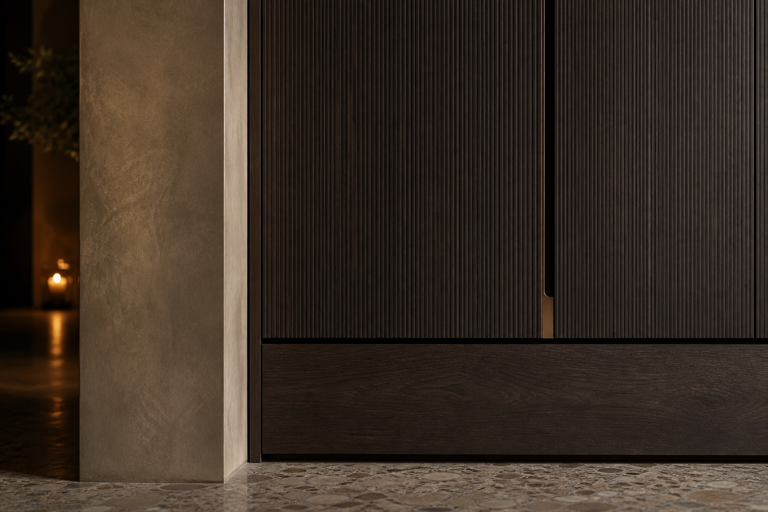 Fadior Onyx Wardrobe Suite with Charcoal Reeded Sleep Wall — close-up of stainless steel finish and hardware detail