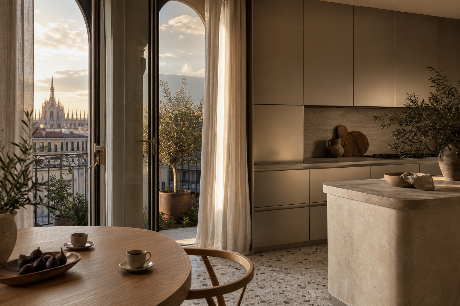 Fadior The Italian Lineage: How EuroCucina Defines the Global Luxury Kitchen Project — balcony doors, champagne cabinetry, stone island, oak table, linen curtains, espresso cups, olive planters