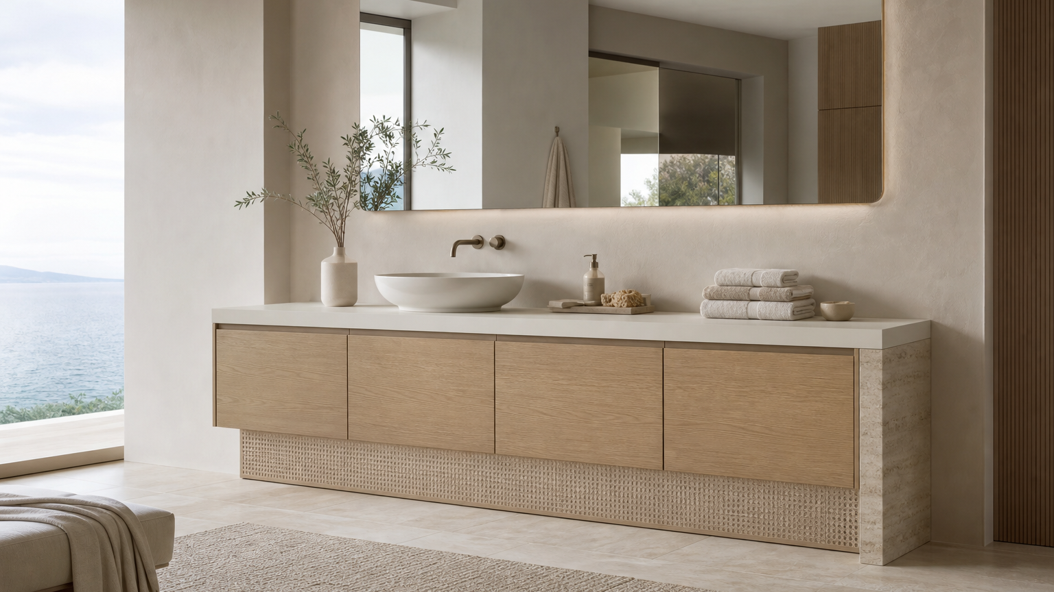 Fadior Voyage Bath Caned Travertine Linen Plinth — lifestyle setting with natural light and residential styling