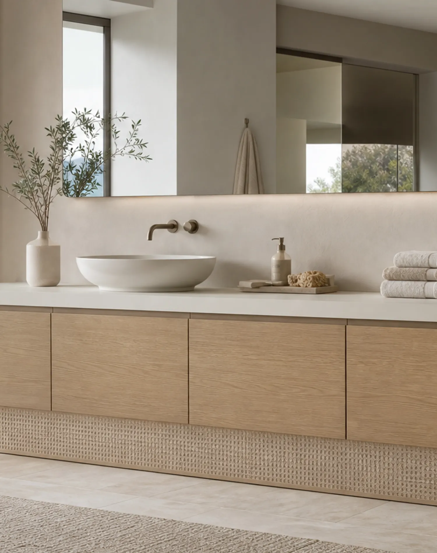 Fadior Voyage Bath Caned Travertine Linen Plinth — lifestyle setting with natural light and residential styling