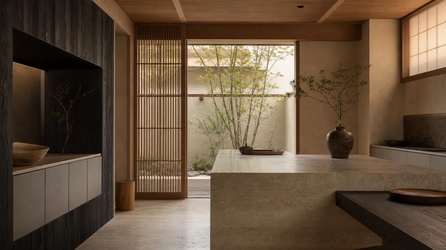 Kitchen atmosphere with raw cypress, clay plaster, and courtyard light showing calm material design.