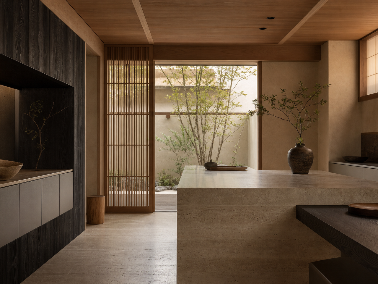 Kitchen atmosphere with raw cypress, clay plaster, and courtyard light showing calm material design. — 304 stainless steel cabinetry editorial by Fadior