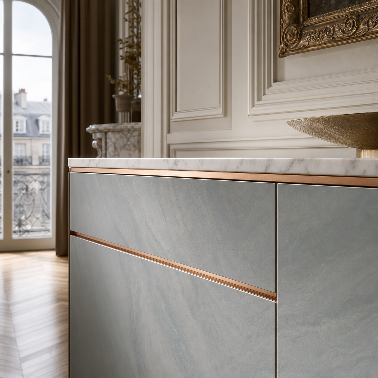 Fadior Galleria Living Room Suite with Waterline Channel Credenza — close-up of stainless steel finish and hardware detail