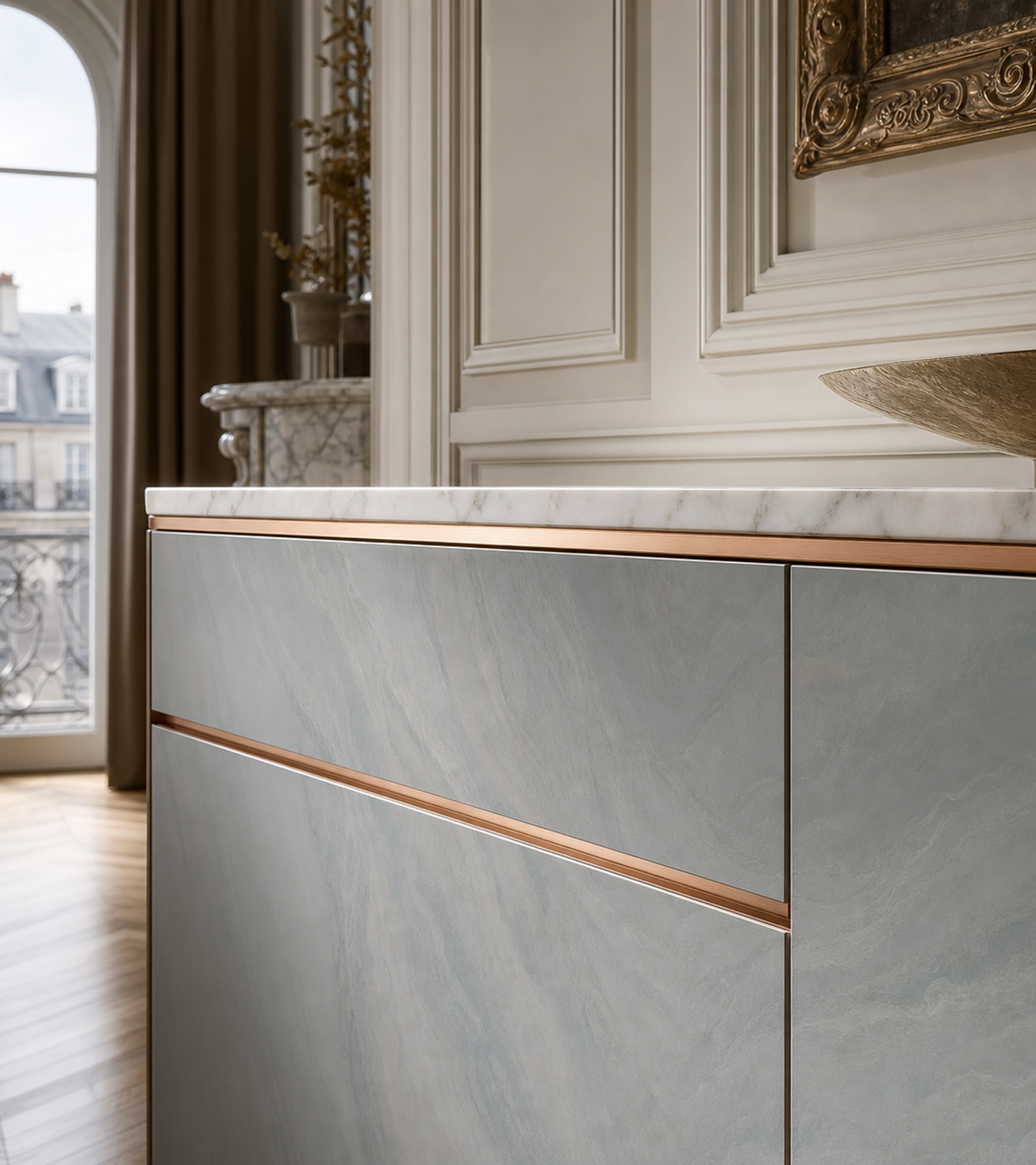 Fadior Galleria Living Room Suite with Waterline Channel Credenza — close-up of stainless steel finish and hardware detail