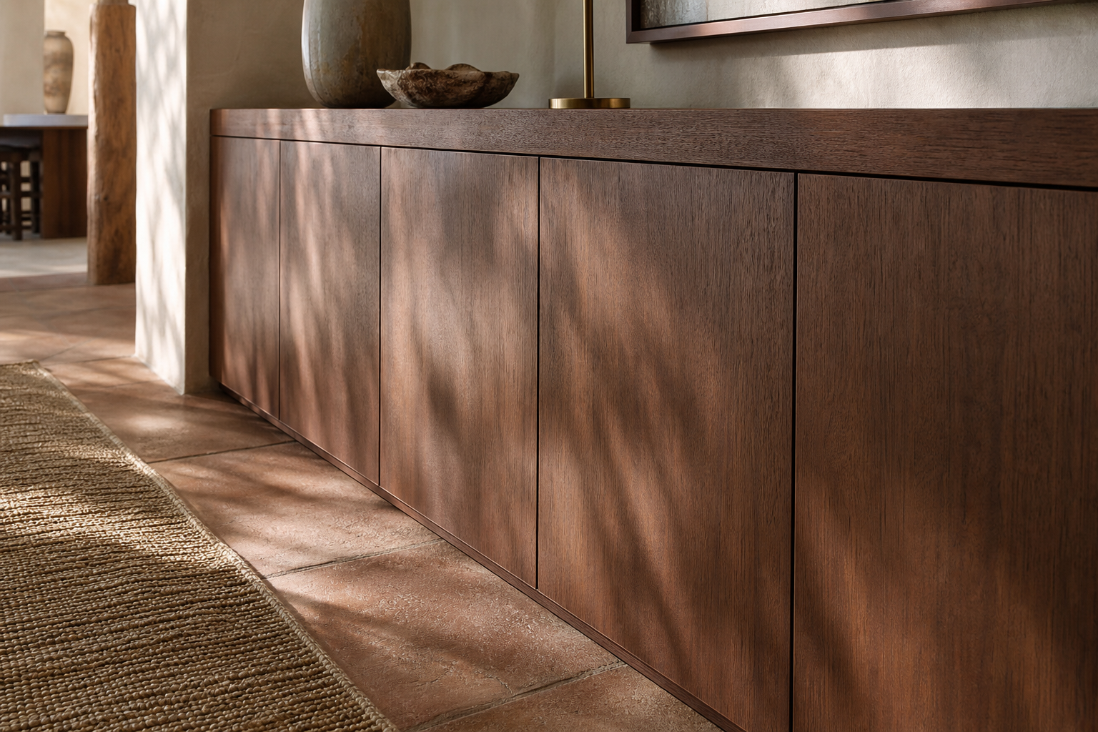 Fadior Patina Living Room Suite with Certified Oak Library Console — close-up of stainless steel finish and hardware detail