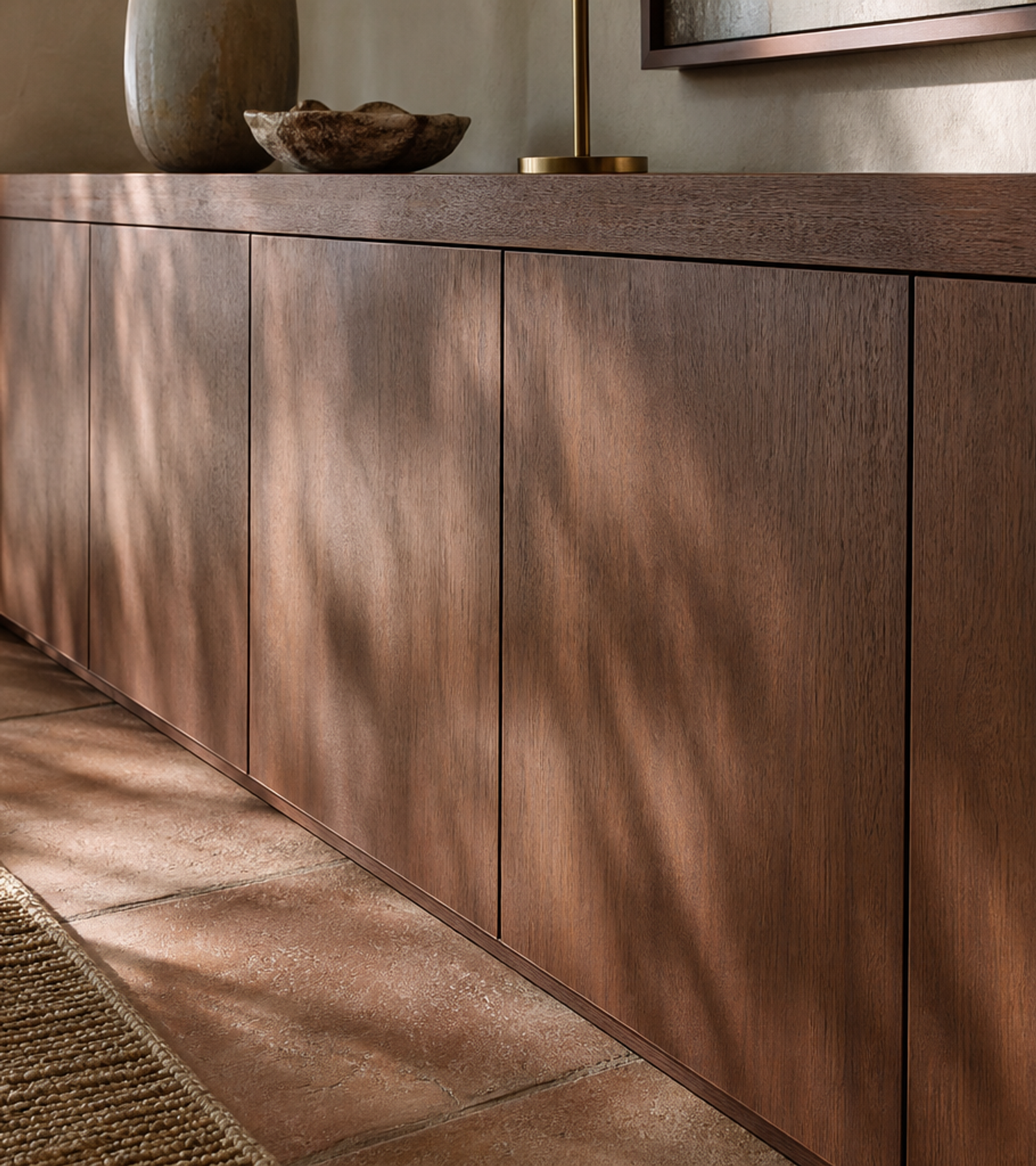 Fadior Patina Living Room Suite with Certified Oak Library Console — close-up of stainless steel finish and hardware detail