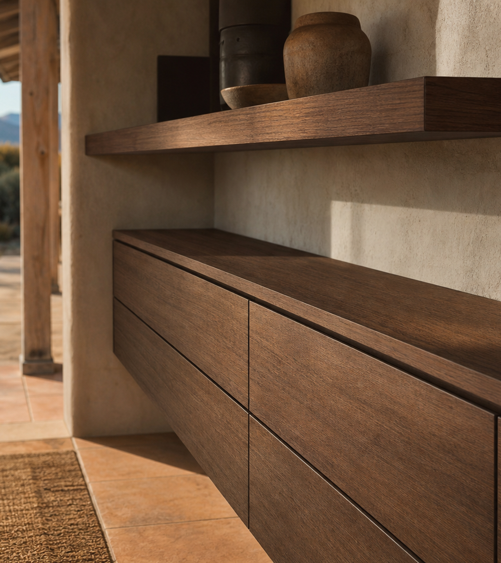 Fadior Solace Kitchen Suite with Floating Shelf Prep Wall — close-up of stainless steel finish and hardware detail