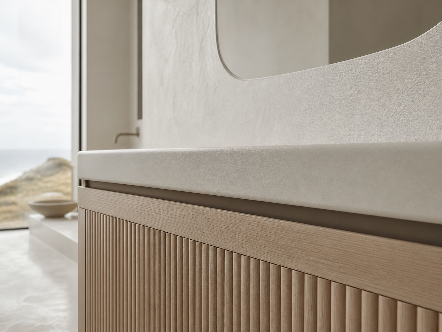 Fadior Ethereal Bath and Vanity Suite with Reeded Basin Niche — close-up of stainless steel finish and hardware detail