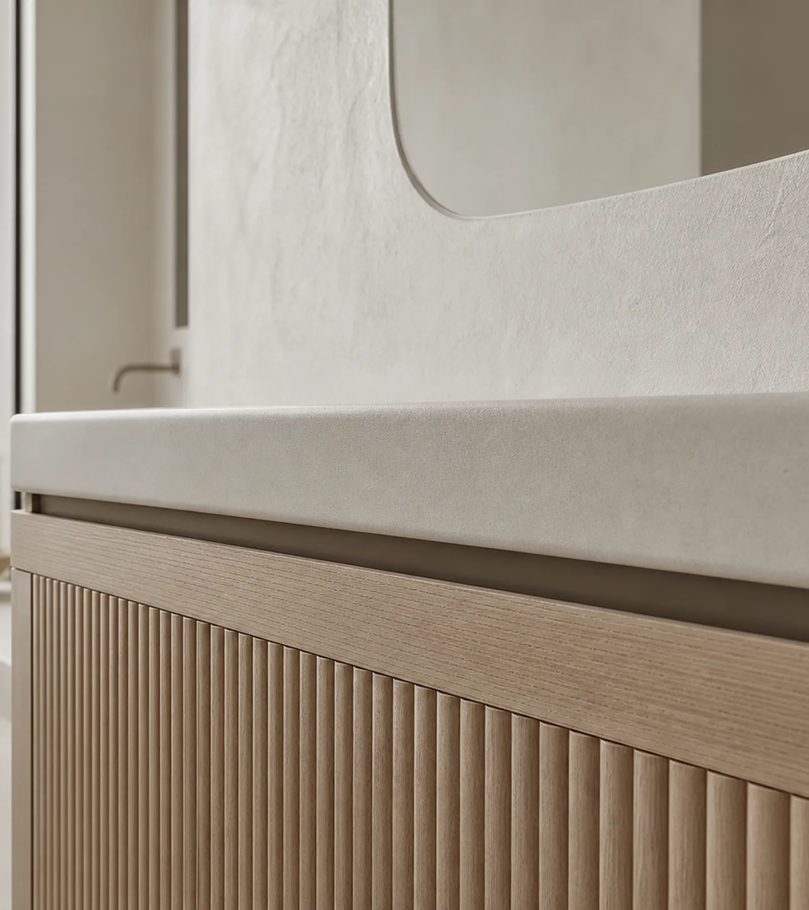 Fadior Ethereal Bath and Vanity Suite with Reeded Basin Niche — close-up of stainless steel finish and hardware detail