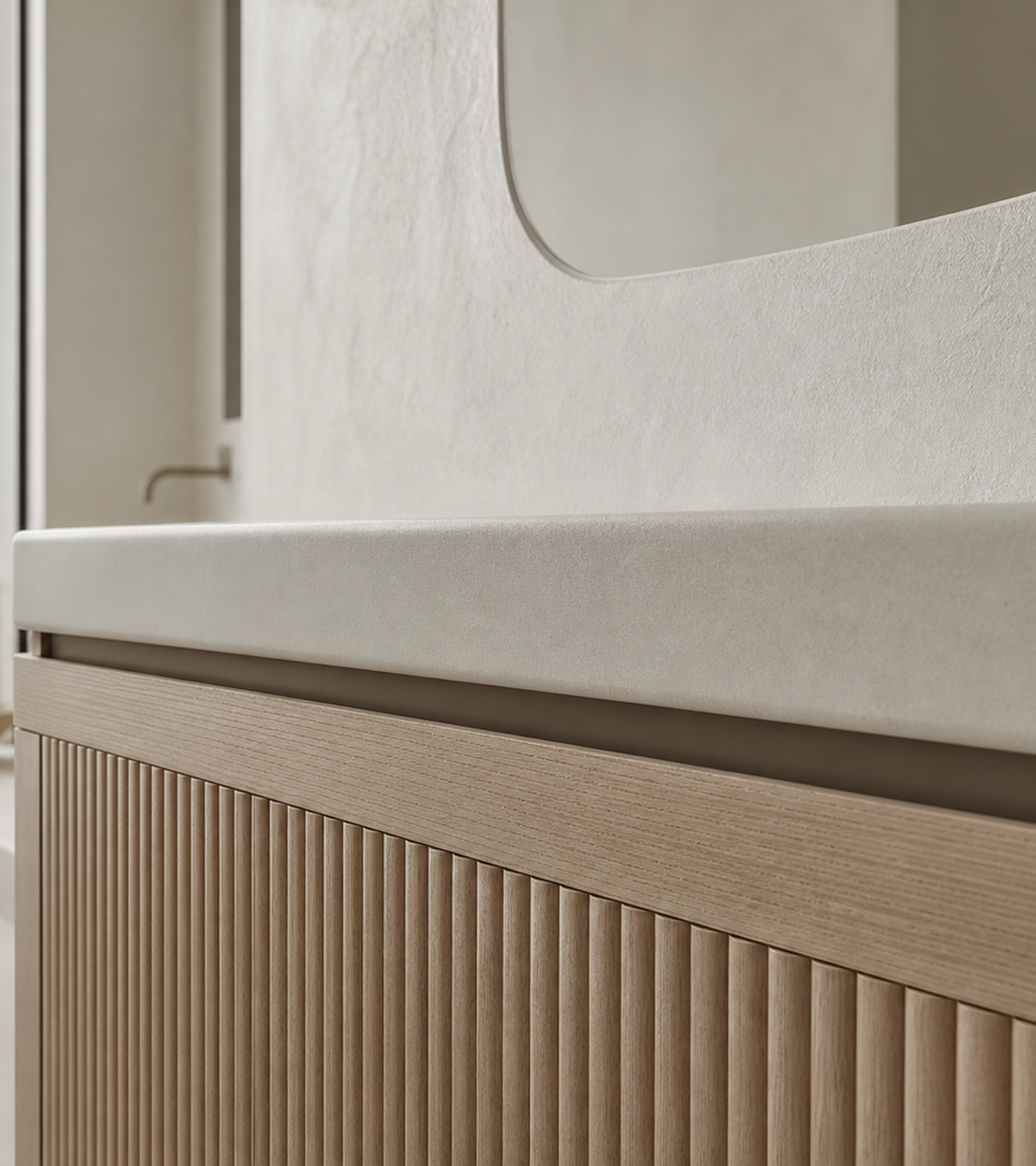 Fadior Ethereal Bath and Vanity Suite with Reeded Basin Niche — close-up of stainless steel finish and hardware detail